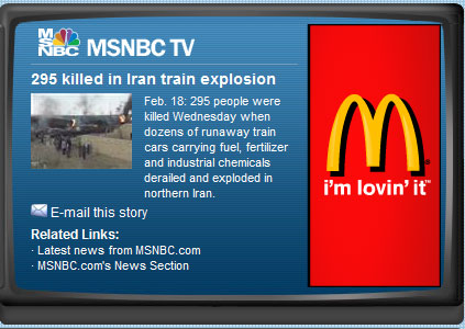 MacDonalds Lovin It Ad next to news story of train explosions many dead